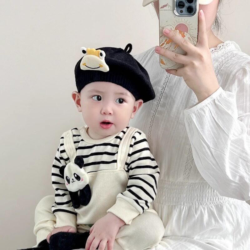 婴儿贝雷帽春秋季可爱青蛙男童毛线帽秋冬针织百搭女宝宝画家帽子