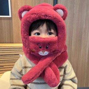 宝宝帽子秋冬季儿童帽子围巾一体口罩三件套男女童婴儿加绒护耳帽