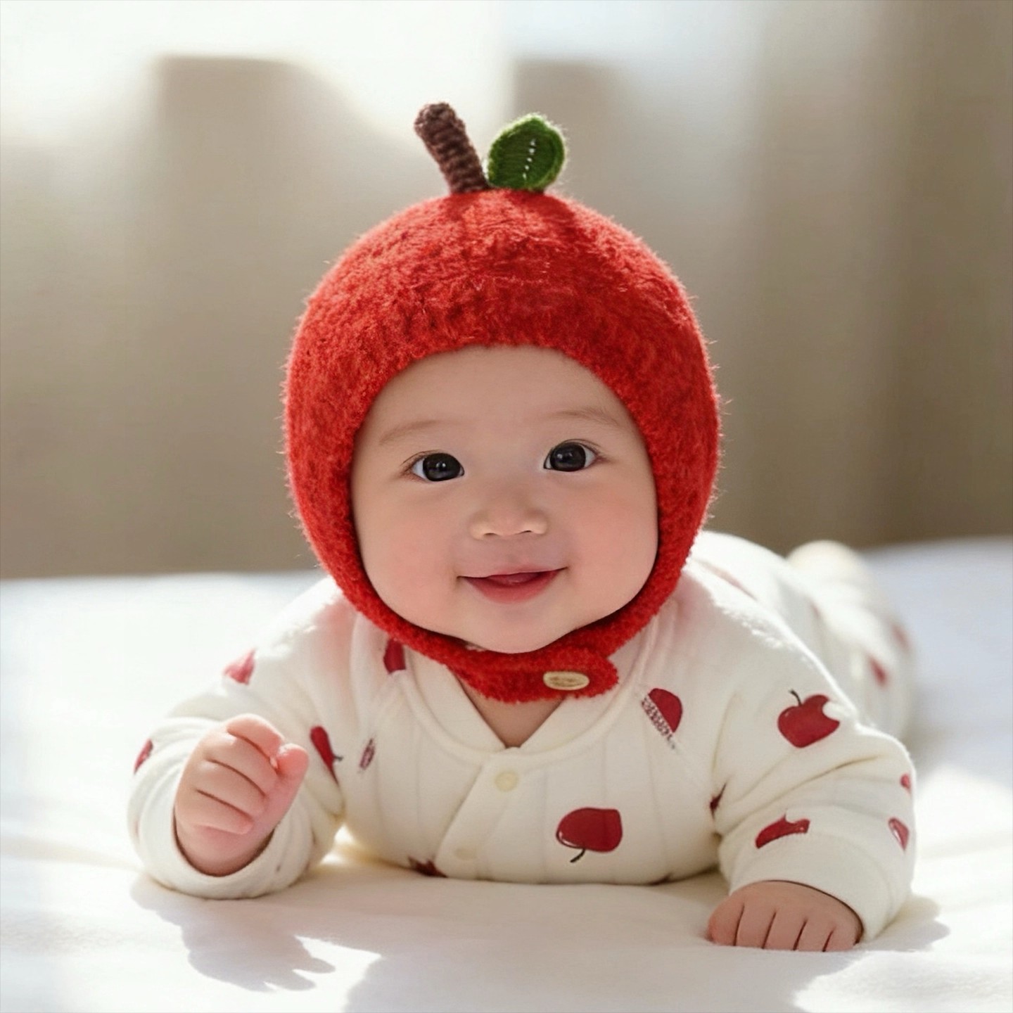 红色苹果婴儿帽子冬季保暖加厚针织手工毛绒男女宝宝新年毛线帽
