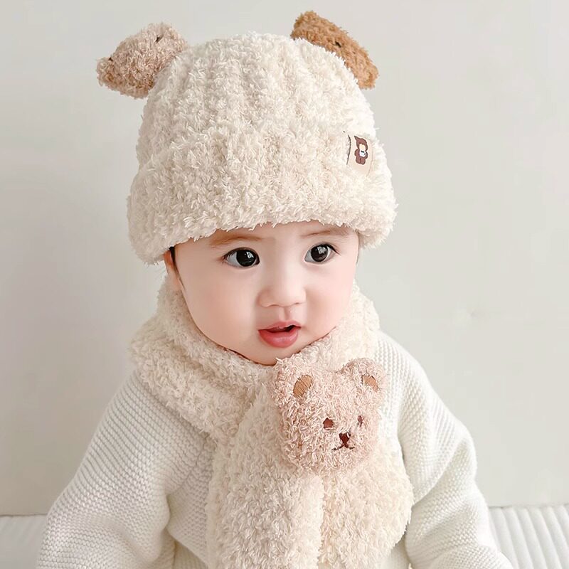 婴儿帽子秋冬季毛绒围巾两件套宝宝男女童小熊可爱保暖加厚幼儿帽