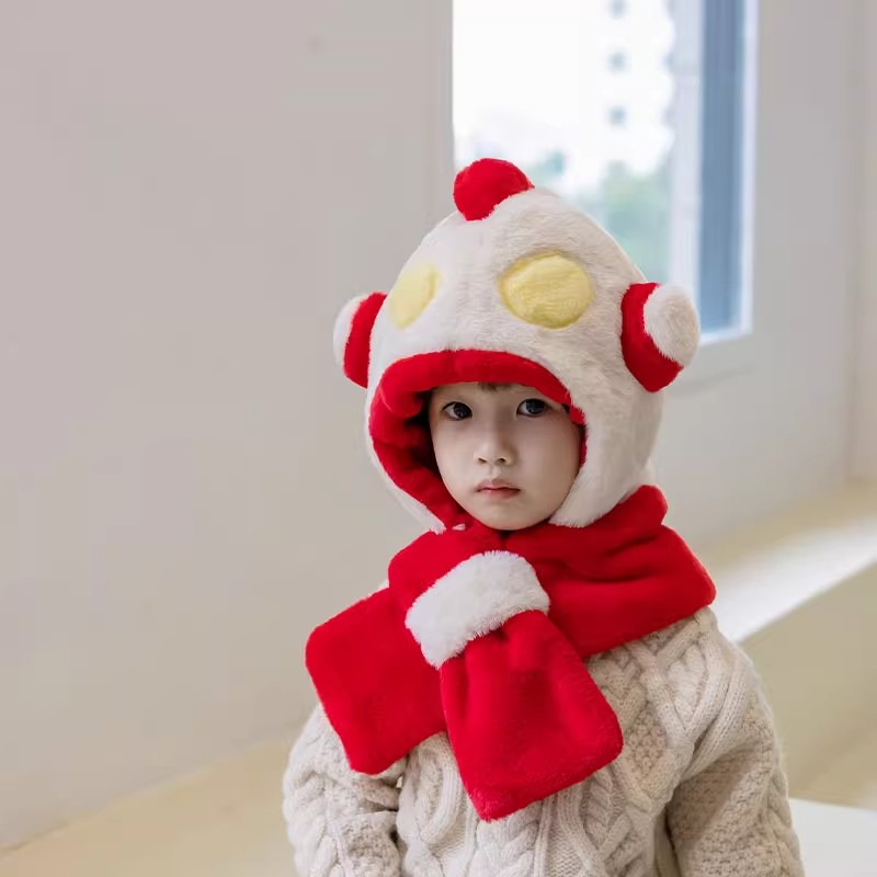 儿童帽子围巾一体冬季红色男女宝宝过新年拜年奥特曼婴儿护耳帽子