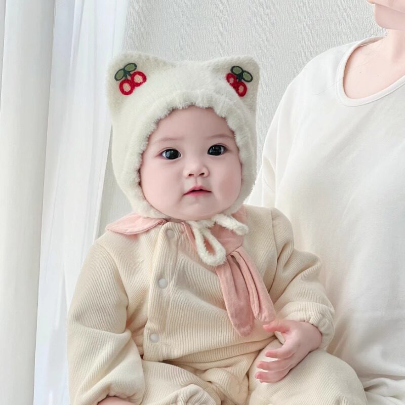 婴儿帽子秋冬季宝宝毛绒护耳帽可爱卡通猫耳朵男童女童保暖套头帽