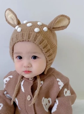 婴儿毛线耳朵0-1-3萌护耳帽秋冬童帽子男女宝宝系带保暖可爱新款