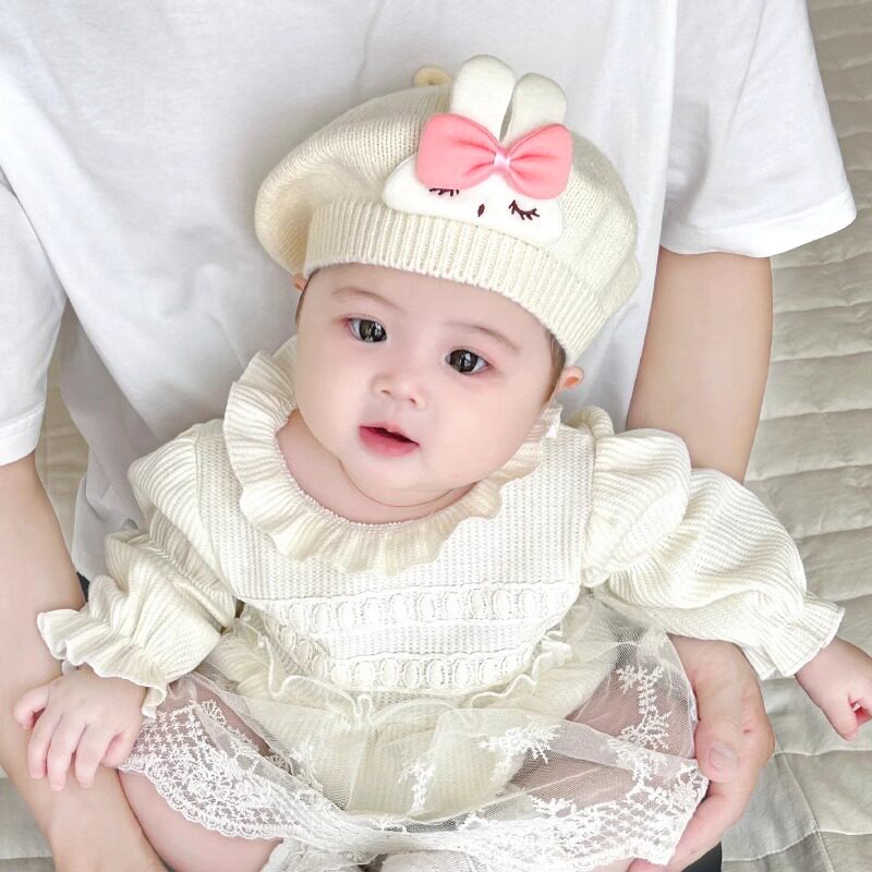 婴儿帽子春秋季儿童贝雷帽可爱兔子宝宝画家帽秋冬女童毛线防风帽