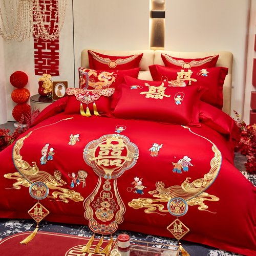 全棉婚庆刺绣四件套红色喜庆