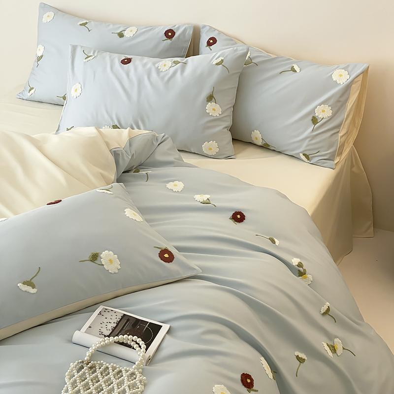 小清新可爱毛巾绣100S全棉长绒棉四件套ins风全棉被套床单床品