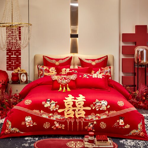 中式长绒棉刺绣结婚四件套