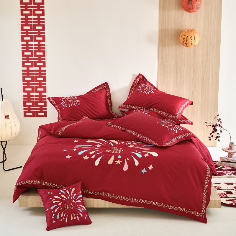 100S长绒棉婚庆四件套刺绣结婚喜庆全棉陪嫁结婚床上用品