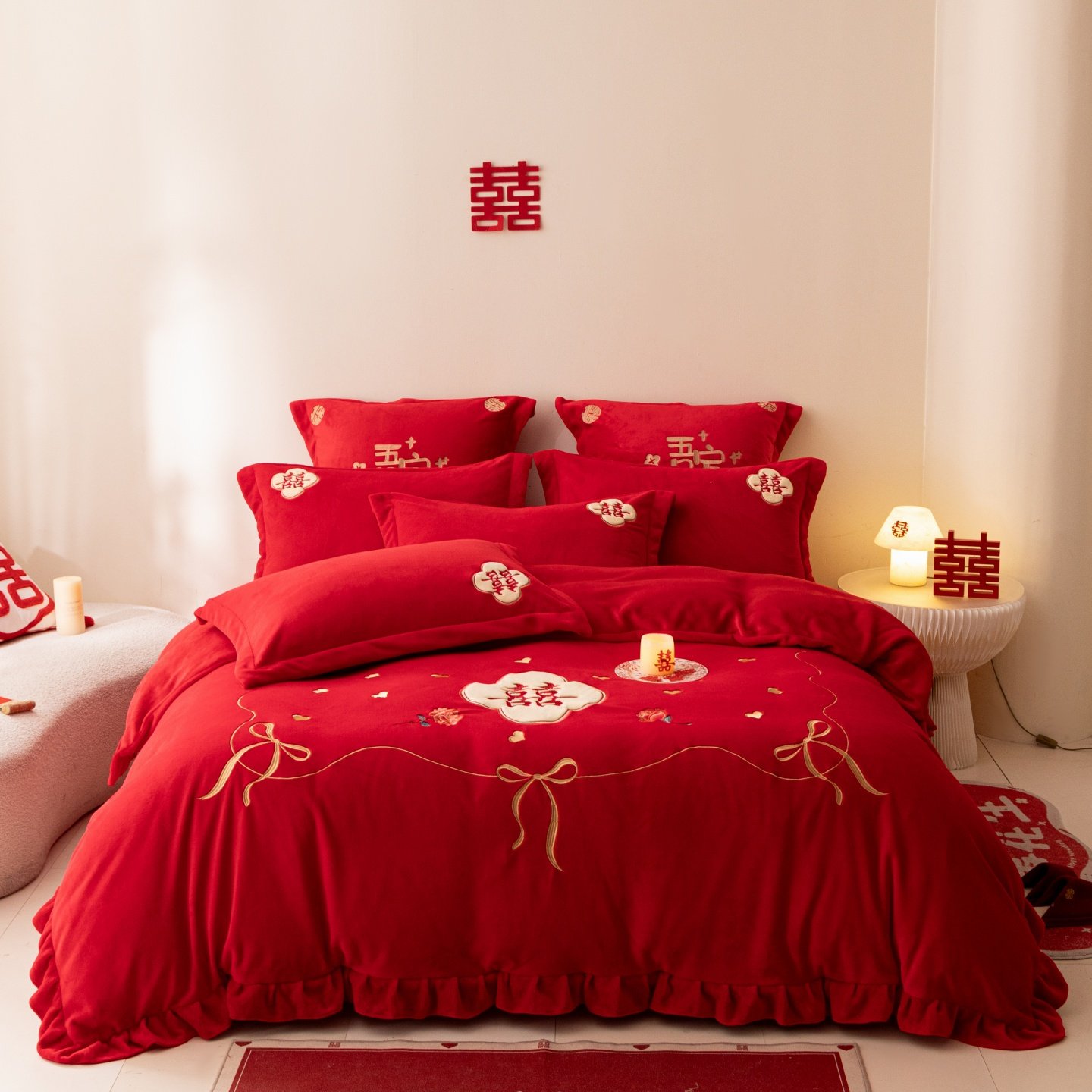 红花车牛奶绒婚庆刺绣四件套红色喜庆冬季保暖结婚被套床单套件