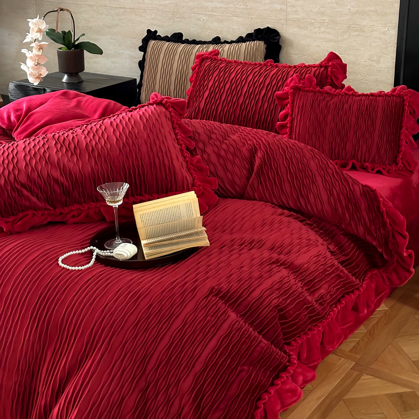 红花车牛奶绒婚庆四件套冬季结婚被套床单红色喜庆婚嫁保暖床品