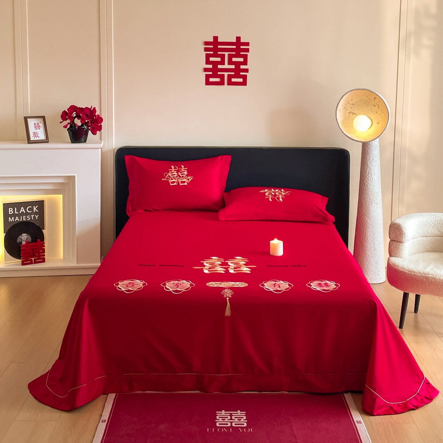ROLAND LIVE喜庆结婚长绒棉刺绣床单单件红色全棉婚庆1.8m床床单