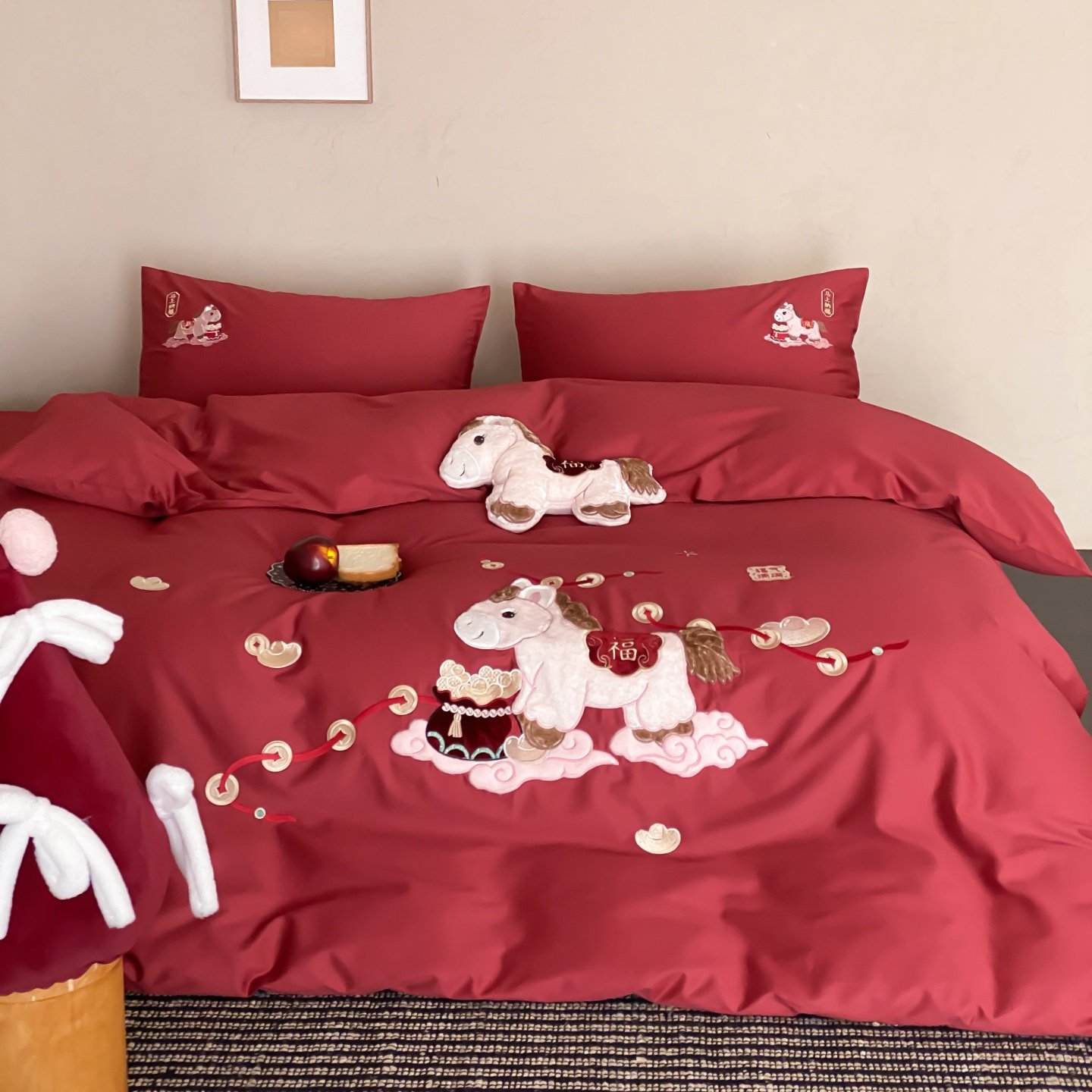 ROLAND LIVE红色喜庆婚庆全棉四件套贴布绣被套床单新年铺床床品