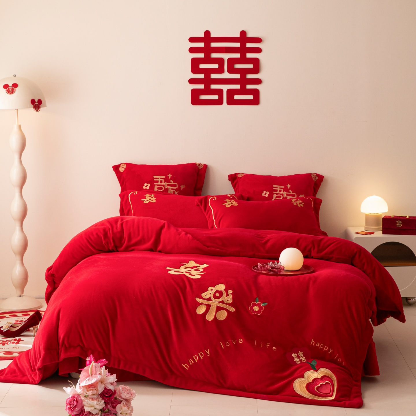 结婚喜庆牛奶绒刺绣四件套