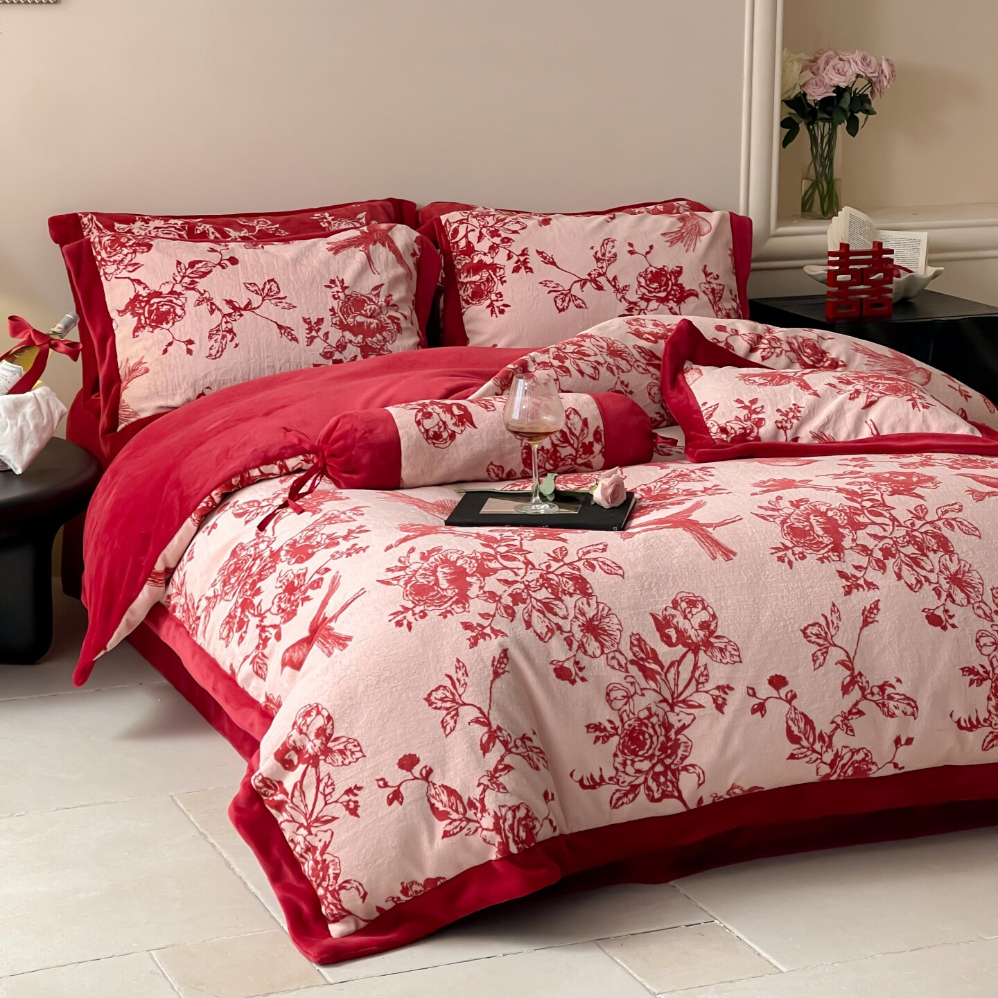 ROLAND LIVE加厚牛奶绒四件套红色喜庆秋冬保暖被套床单床上用品