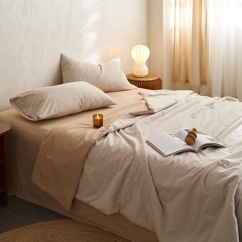 日式全棉水洗棉空调被细条纹夏凉被四件套夏季薄被芯纯棉床品