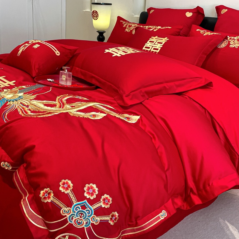 大红中式婚庆长绒棉四件套