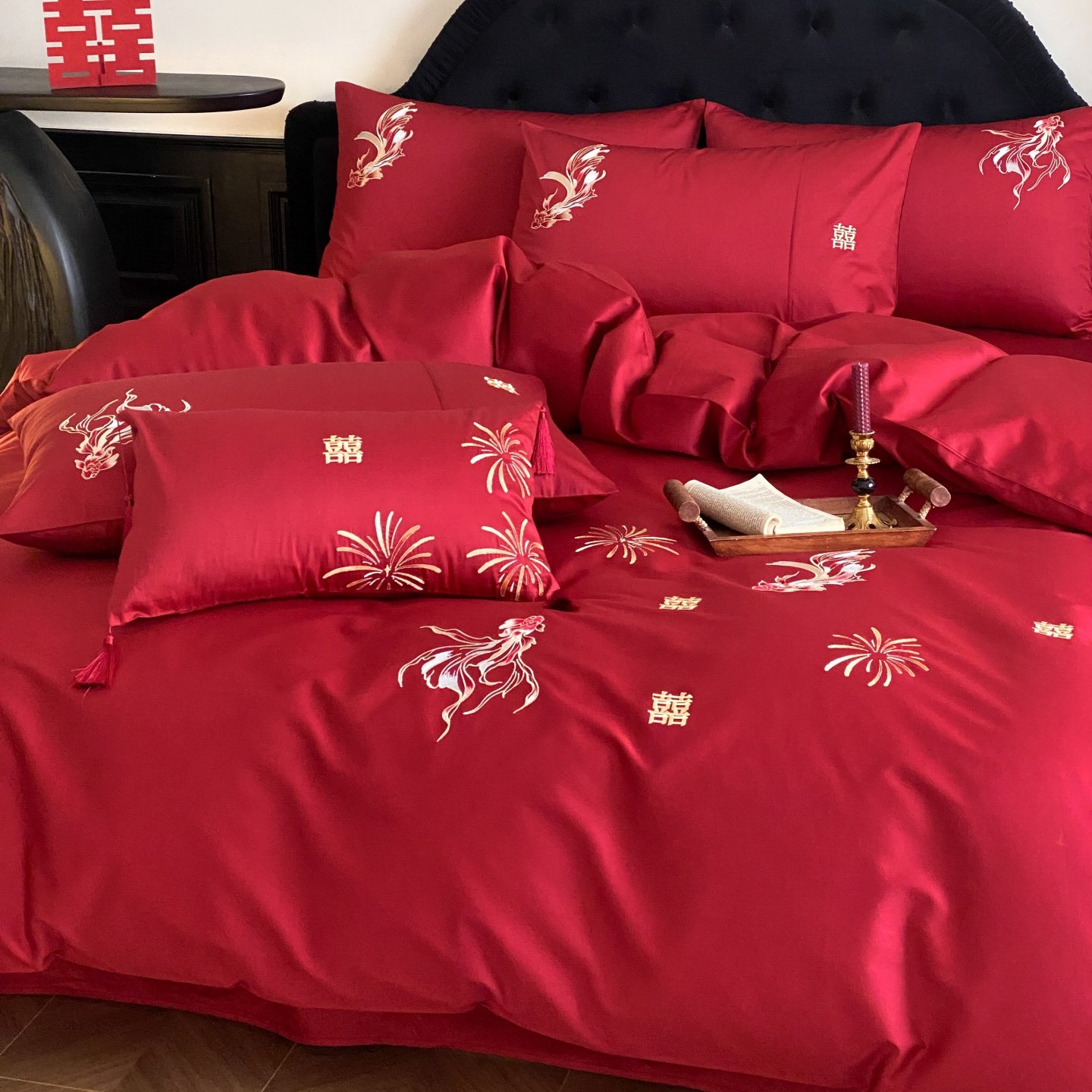 ROLAND LIVE中式全棉婚庆刺绣四件套红色喜庆结婚被套床单套件,床上用品,婚庆床品套件,淘宝优惠券,粉丝福利购,淘宝优惠卷