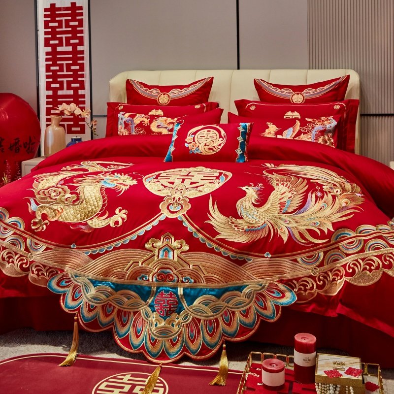 喜庆新中式全棉婚庆刺绣四件套结婚新房纯棉多件套套件