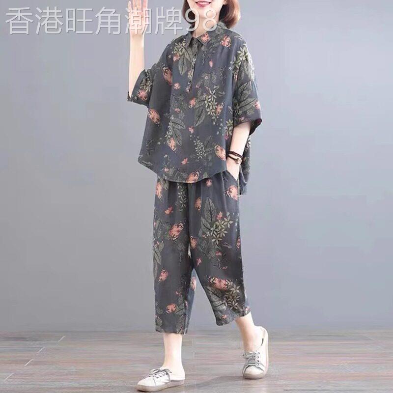 潮牌中年妈妈棉麻亚麻高端短袖套装女夏季大码胖mm时尚洋气两件套