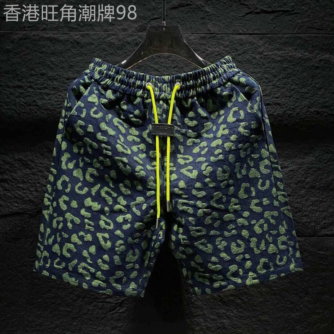 潮牌休闲时尚五分沙滩短裤男士夏季轻奢重磅牛子提花豹纹直筒裤子