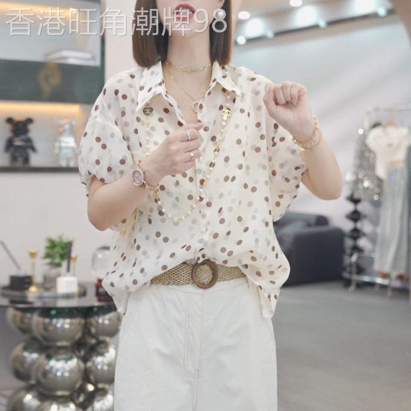 翻领短袖衬衫女夏新款时尚波点印花女士洋派减龄POLO领衬衫上衣薄