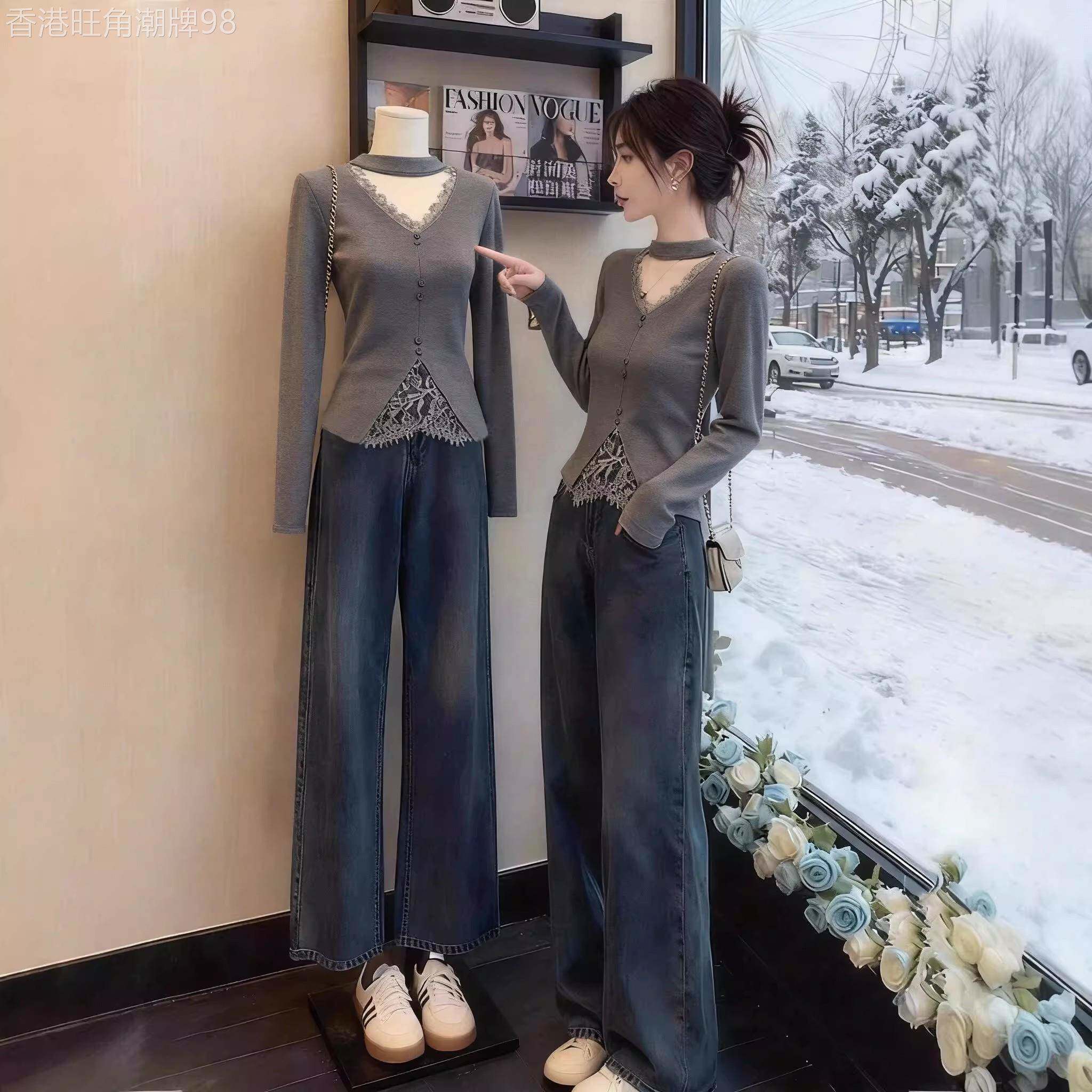 蕾丝v领挂脖打底衫女秋冬皮草内搭绝美巨好看高级感休闲时尚上衣