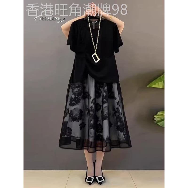 香港欧货夏款大码女装胖妹妹mm高级感减龄显瘦T恤半身裙两件套装