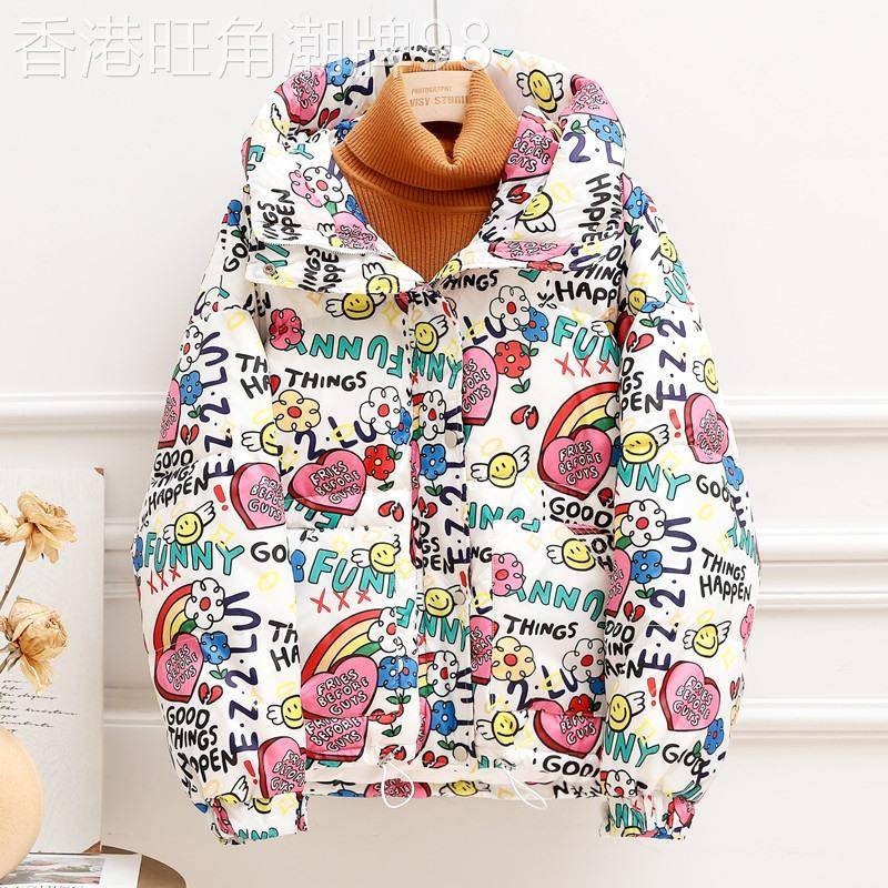 韩国卡通印花羽绒服女短款2022年秋冬新款宽松面包服时尚连帽外套