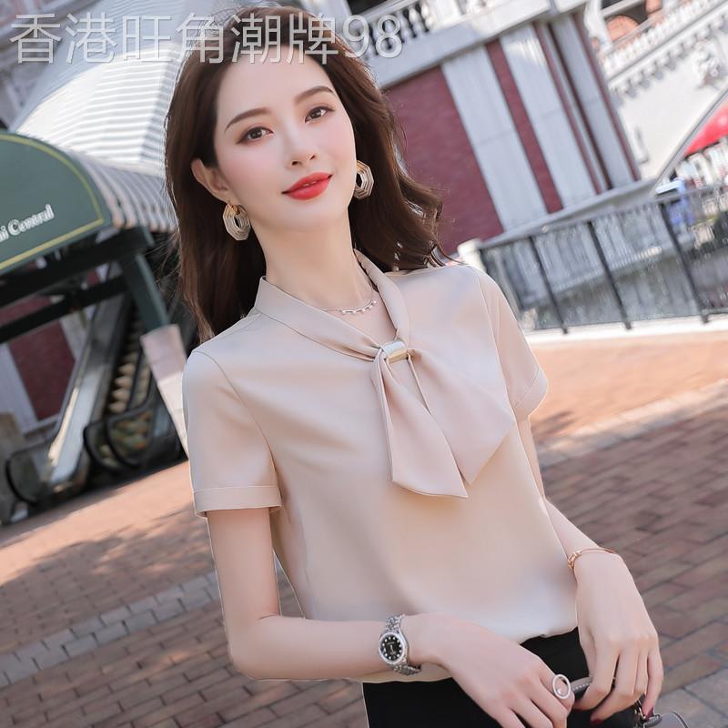 冰丝雪纺衬衫女夏2025新款法式气质轻奢风设计感丝带V领短袖上衣