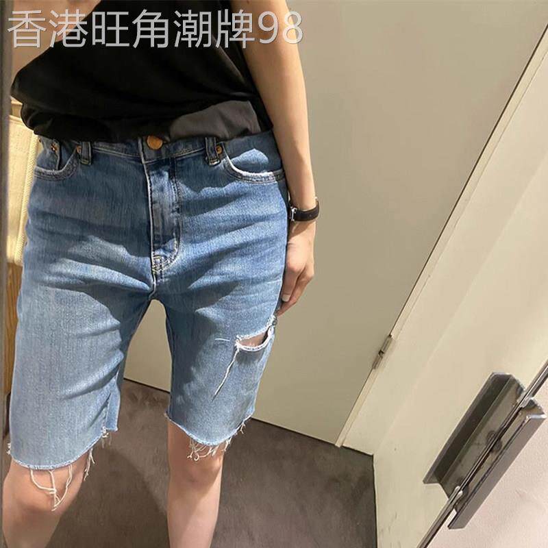 潮牌破洞牛仔短裤女夏季薄款大尺码弹力紧身显瘦高腰直筒骑行五分