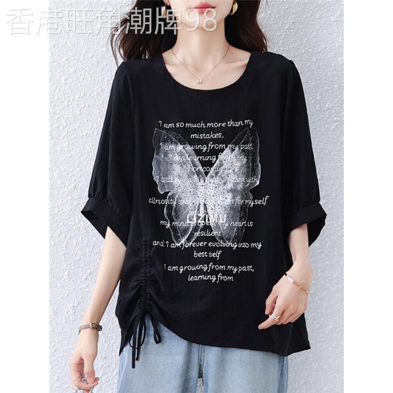 冰丝短袖T恤女夏新款时尚设计感印花抽绳烫钻显瘦雪纺小衫上衣薄
