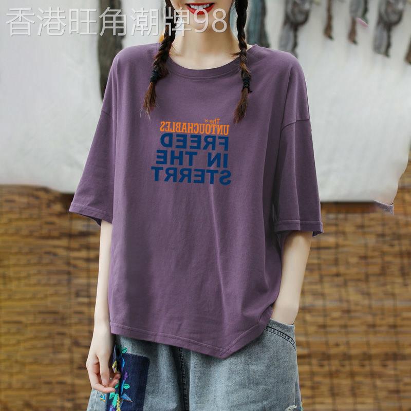 短袖t恤女春夏2026新款不规则大码宽松休闲印花五分袖体恤衫