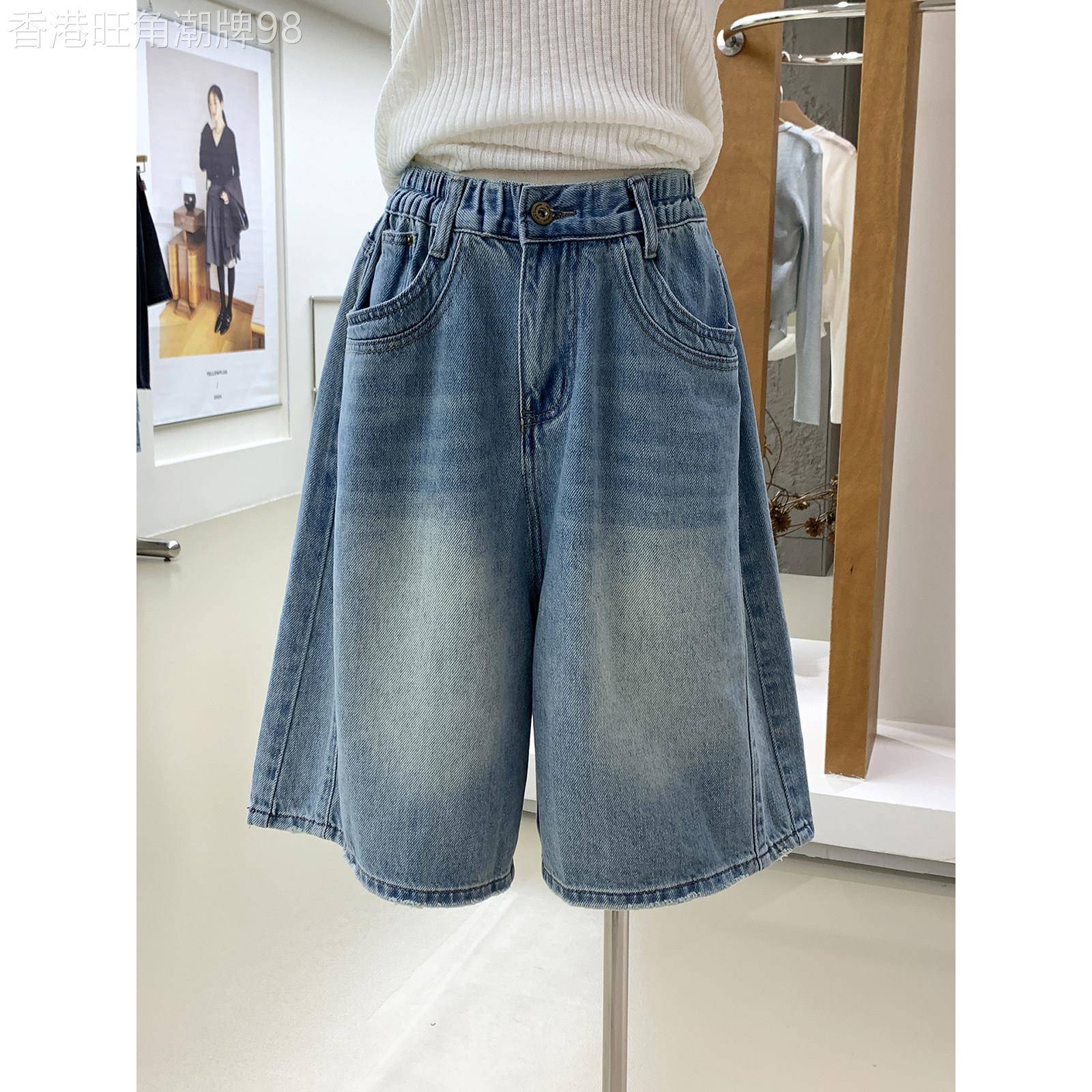 浅蓝色牛仔裤女2026夏季新款宽松百搭松紧腰五分裤休闲阔腿直筒裤