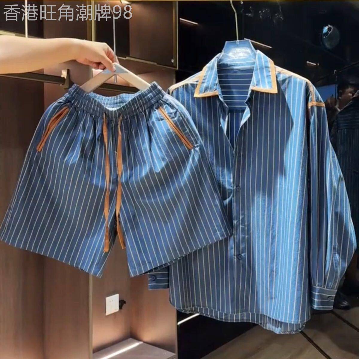 潮牌撞色宽松蓝色条纹衬衫短裤套装男夏季显瘦时尚休闲百搭两件套