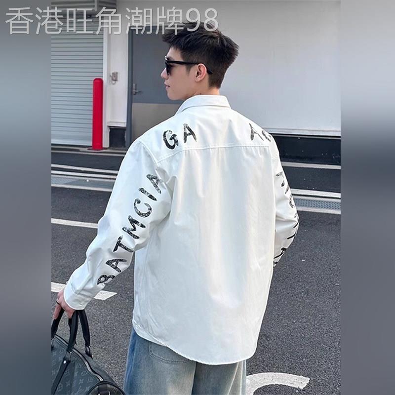 潮牌美式字母印花衬衫外套男士春秋季韩版痞帅高级感休闲长袖衬衣