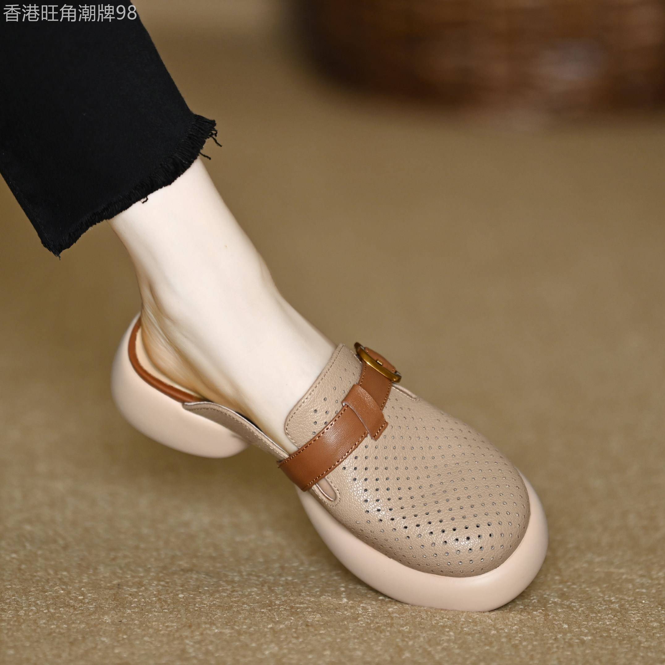 夏季包头半拖鞋女外穿法式中跟软羊皮圆头打孔透气皮带扣厚底拖鞋