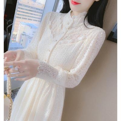 香港TIMO花边领连衣裙女仙女长裙配大衣蕾丝打底裙子秋冬加厚加绒