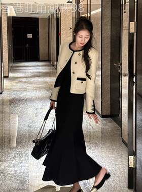 欧洲站秋装新款法式高级感名媛气质小香风外套黑色连衣裙两件套女