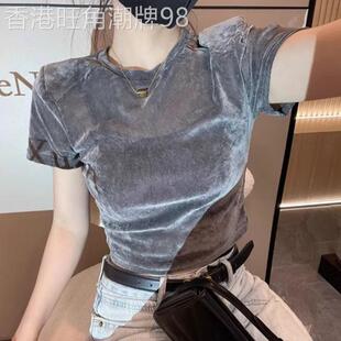 金丝绒短袖t恤女士夏季2026欧货新款潮修身显瘦T恤气质短款上衣