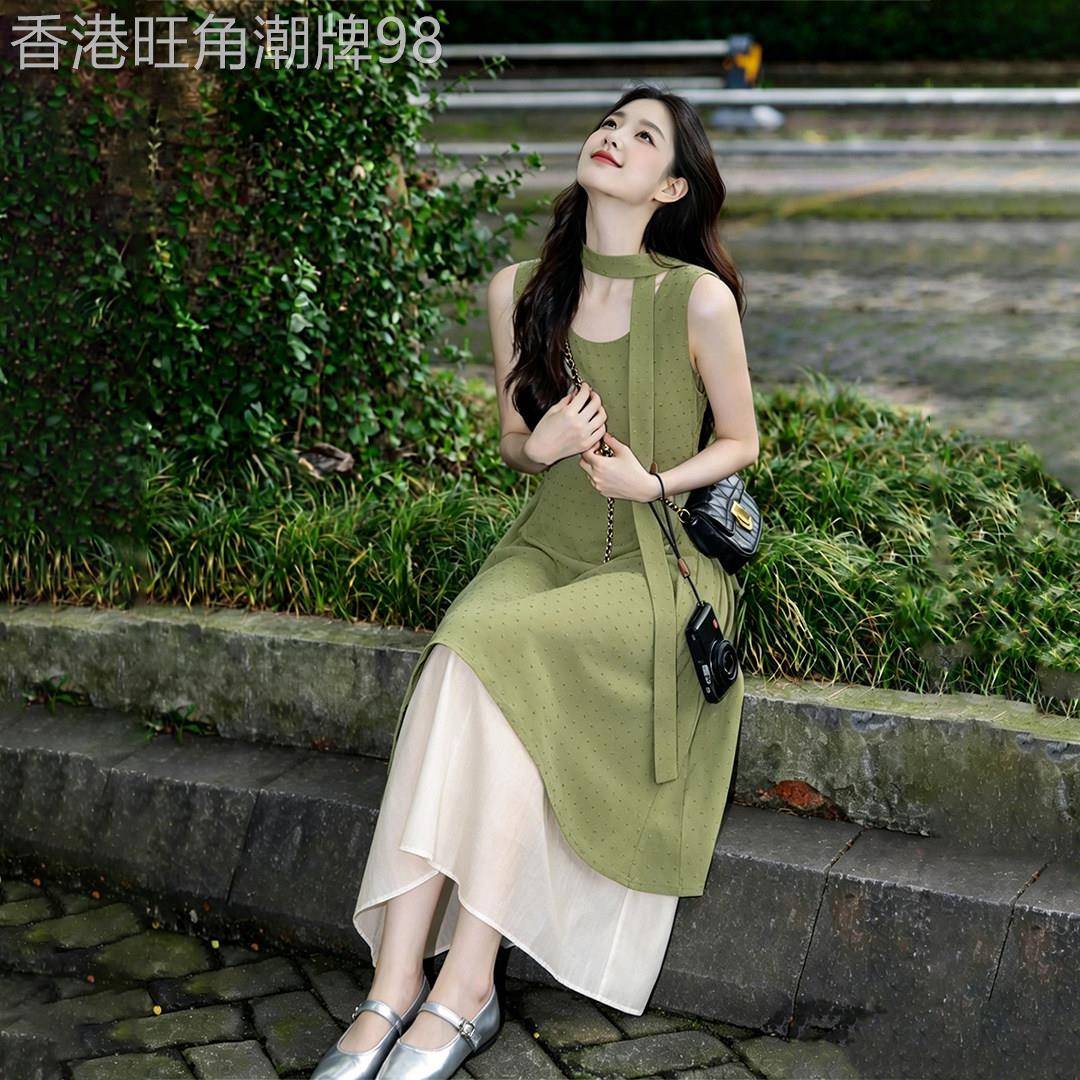法式气质绿色背心洋装女2026夏季新款独特绝美巨好看无袖长裙子