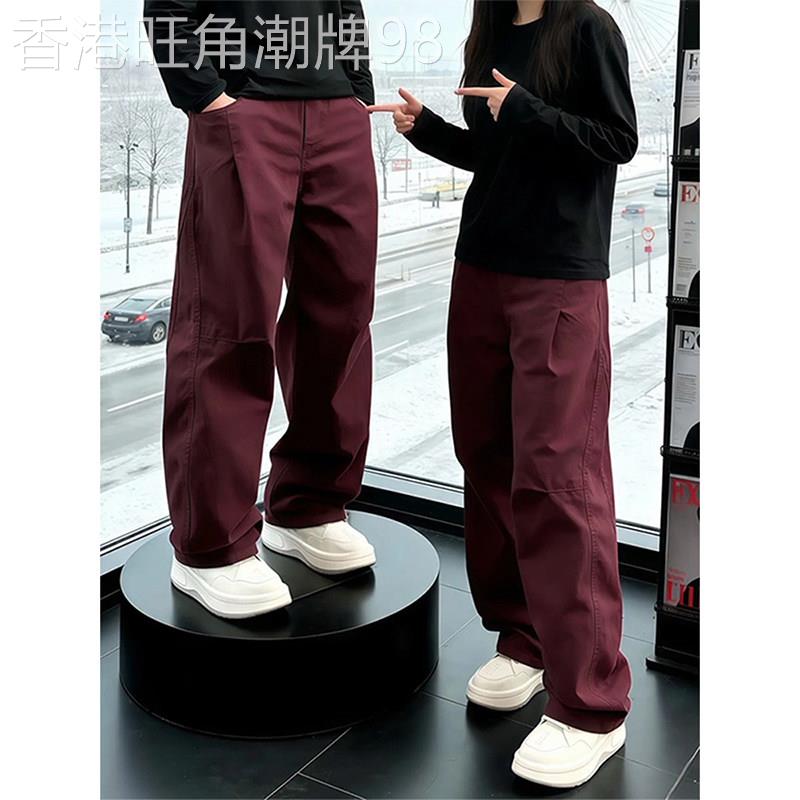 潮牌美式酒红色褶皱拼接弯刀裤男士春季新款宽松阔腿工装休闲裤子