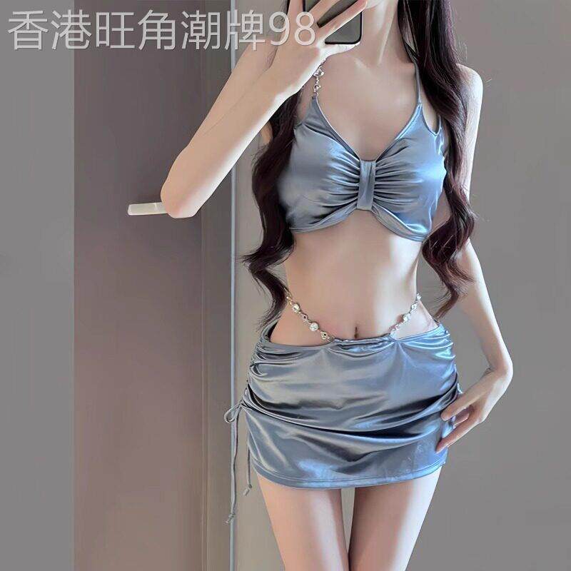 微胖女孩比基尼泳衣 三角分体泳衣女 银灰色泳衣女三件套 海边度