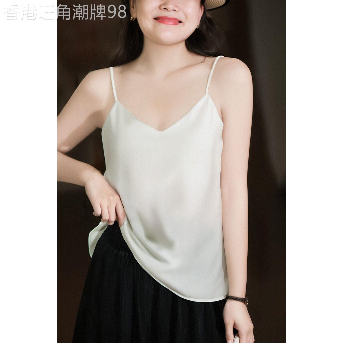 白色缎面冰丝小吊带背心女夏季薄款高级感细肩带宽松美背V领上衣