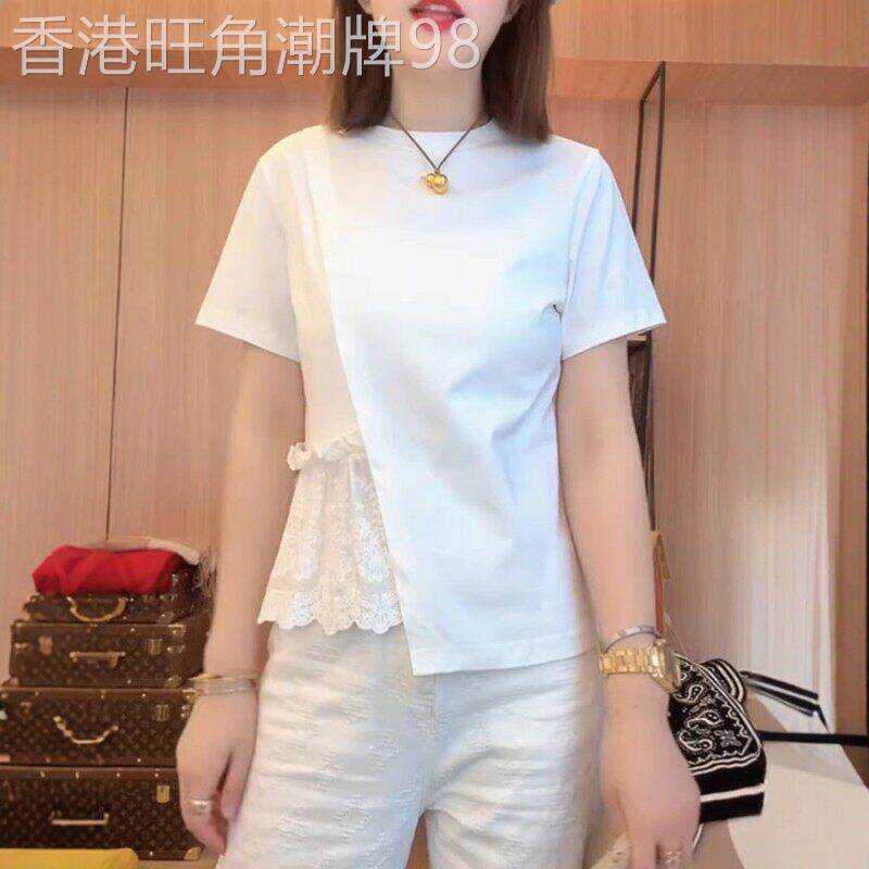 白色短袖t恤女夏季2026新款大码时尚洋气蕾丝拼接不规则圆领上衣