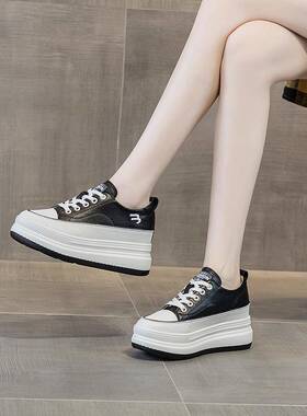 网红爆款黑色板鞋女内增高8CM秋透气真皮单鞋休闲运动旅游小皮鞋