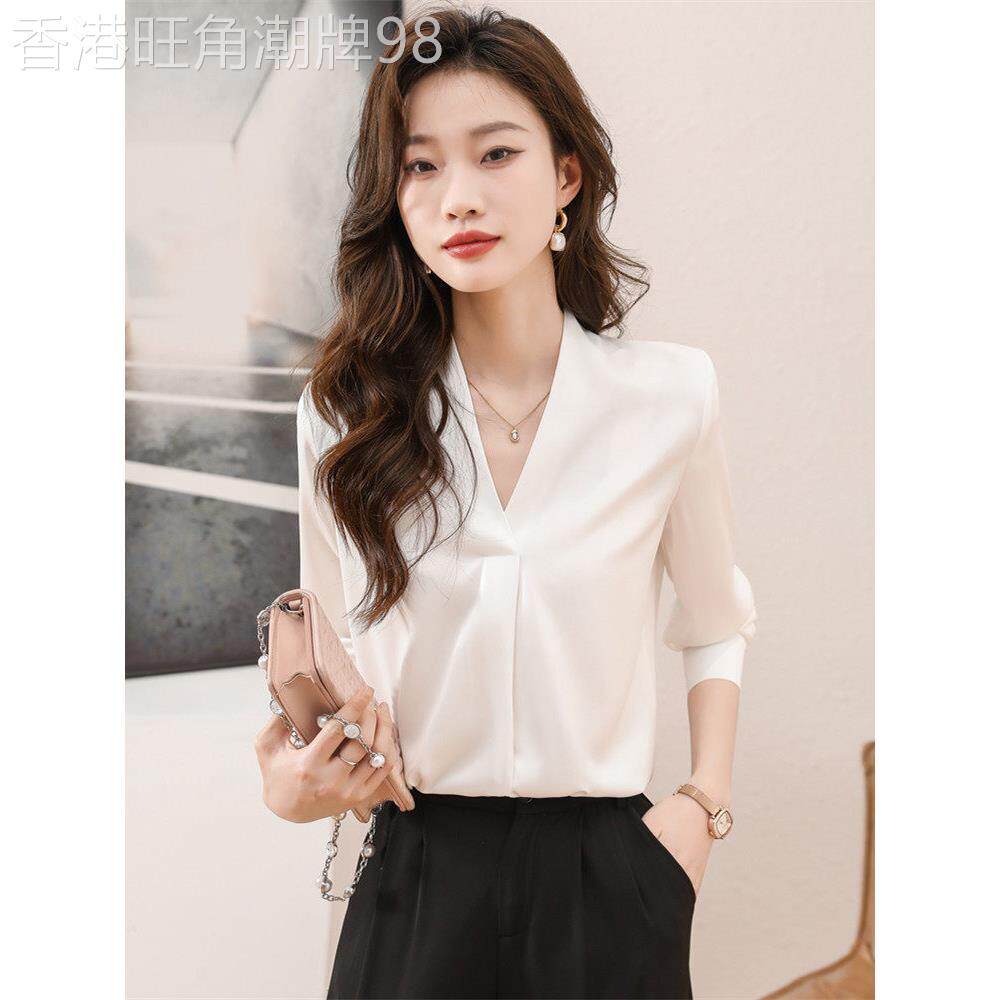 白领职业衬衣女春秋夏新新款重磅V领白色长袖衬衫缎面桑蚕丝上衣