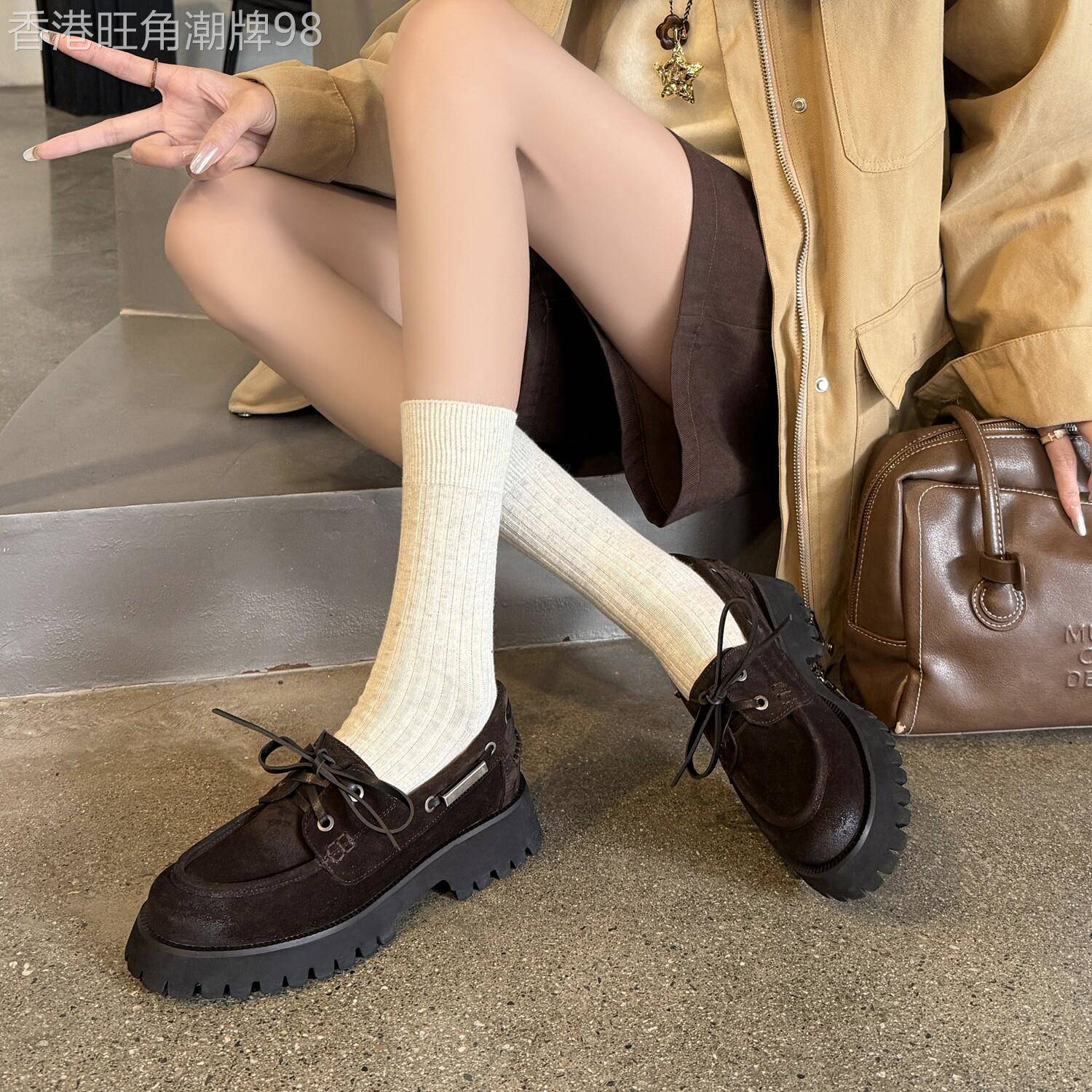 首尔街头~ 复古休闲磨砂系带单鞋女款小个子圆头厚底增高乐福鞋春
