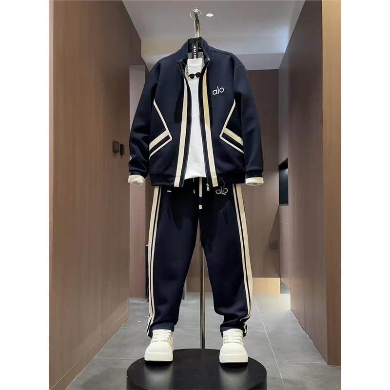 潮牌时尚织带拼接立领外套直筒裤两件套男秋季潮流宽松运动服套装