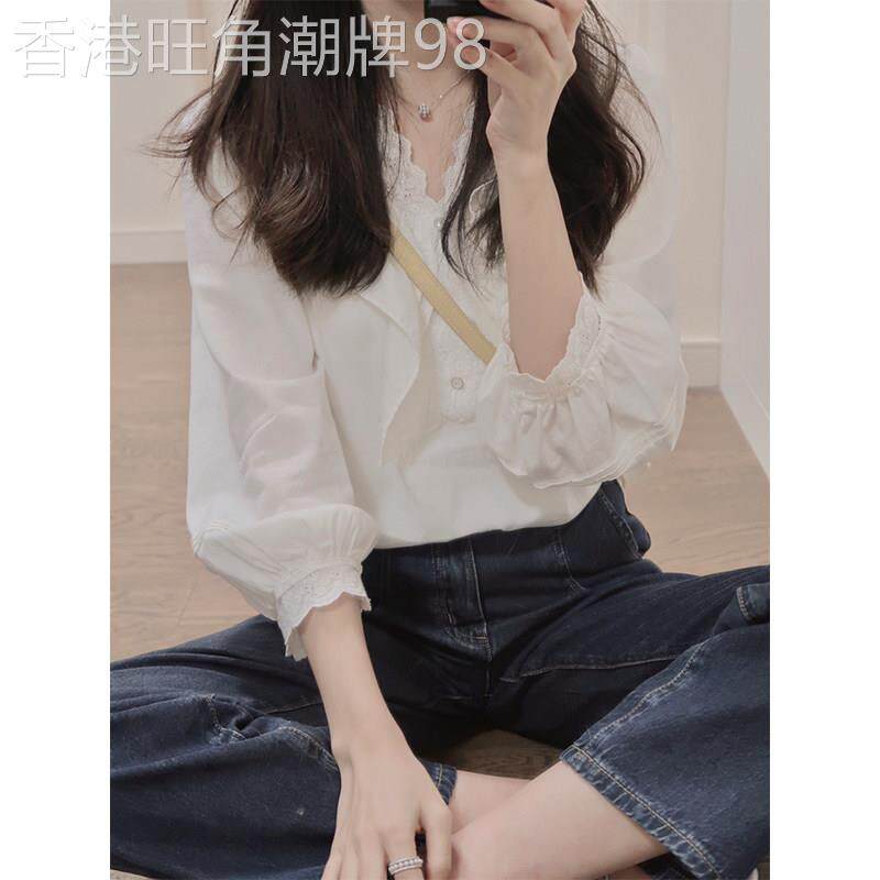 白色蕾丝长袖衬衫女2025新款春秋法式衬衣荷叶边v领小衫显瘦上衣