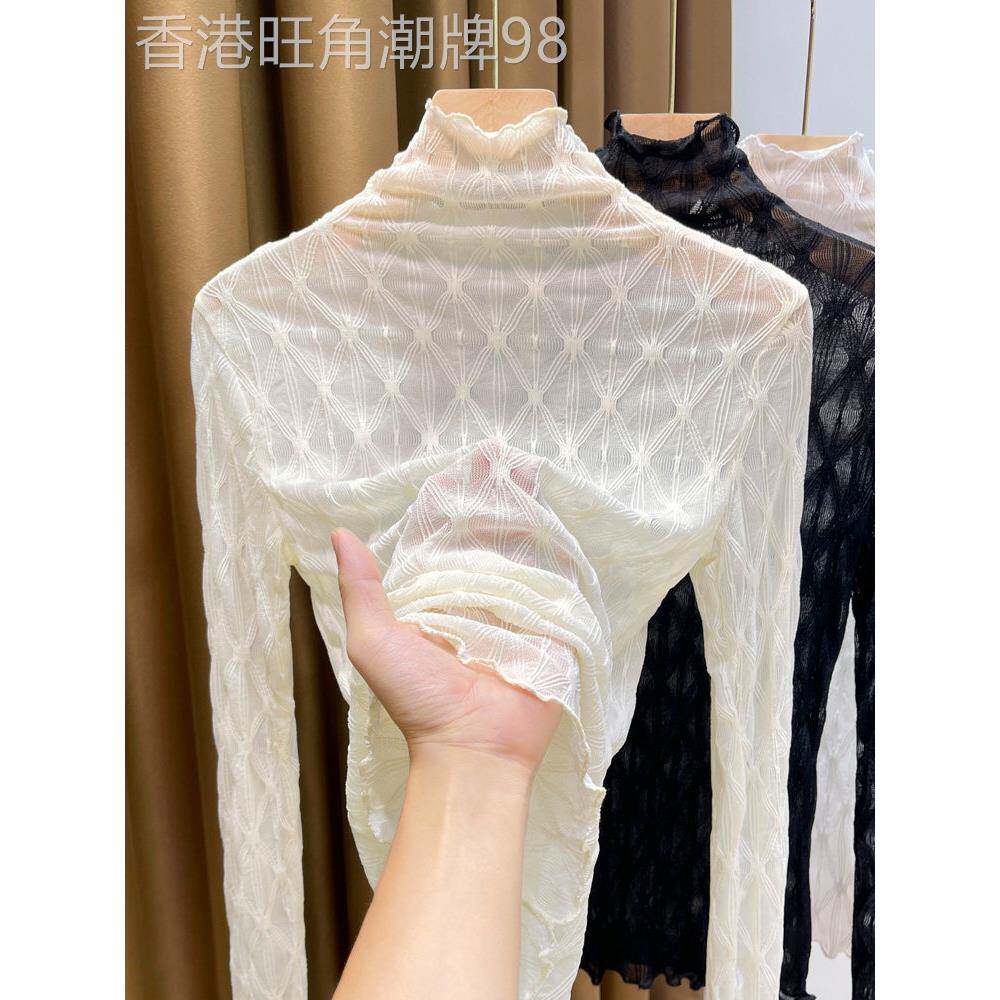 木耳边高领白色蕾丝小衫女2025新款网纱打底衫女内搭长袖薄款纱衣